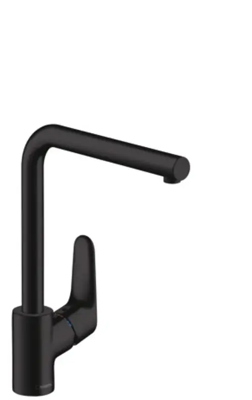 Schwarzer Küchenarmatur-Mischer mit geradem Auslauf und Hebel. Produkt von Hansgrohe, geeignet für Spülbeckeninstallation.